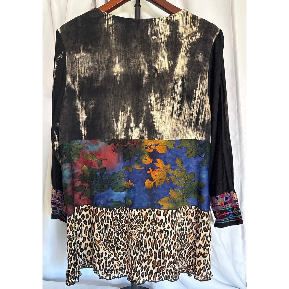 Boho Patchwork Burnout Velvet Tunic Blouse Watercolor Leopard Mixed Print M - Picture 2 of 8